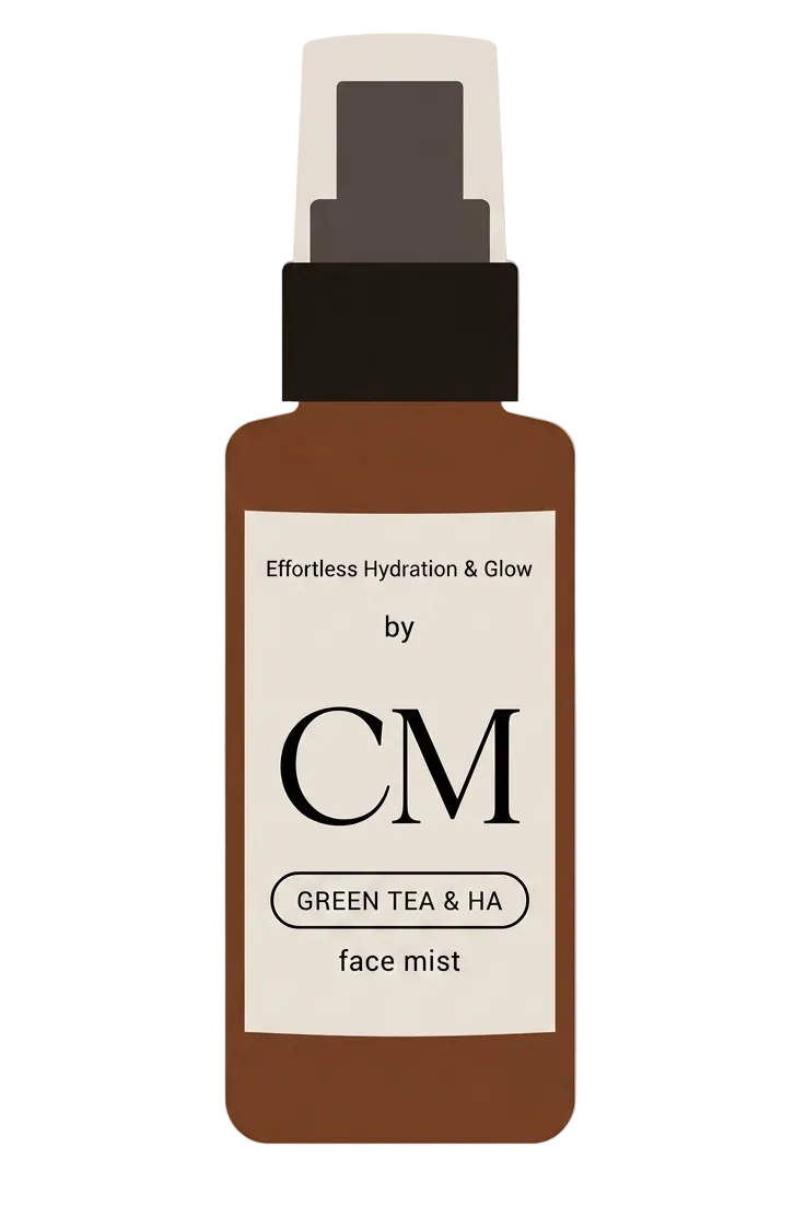 Face mist bottle with 'CM' branding on a beige background